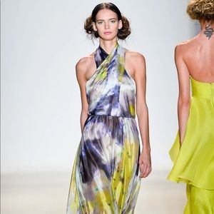 Lela Rose Multicolor Halter Midi Dress in Yellow, Blue, Purple